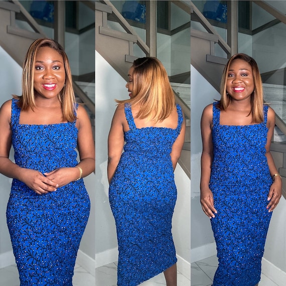 African ankara Print Bodycon Dress. Stretchy Smoky Ankara Dress. Blue Spring Dress. Sleeveless Midi Dress Etsy