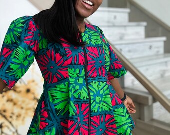 Ankara Peplum Top, African Print Peplum Top, Green Puffed