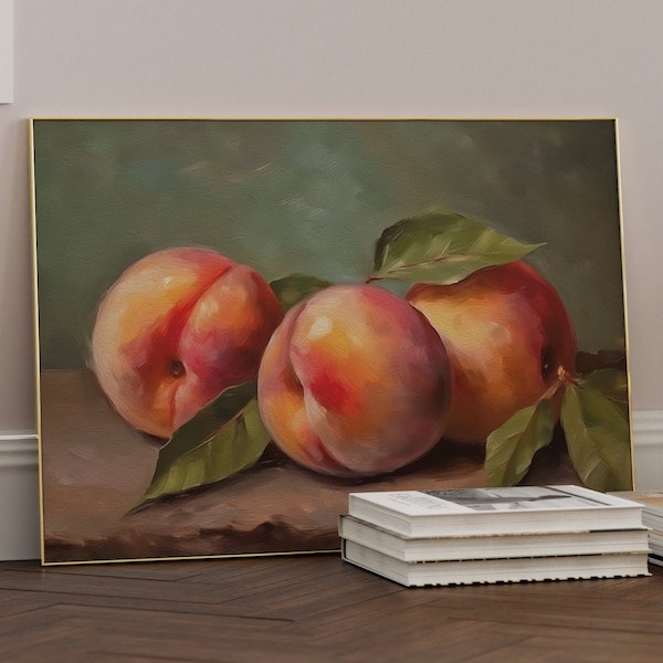 Peach Print Vintage Kitchen Wall Art, PRINTABLE Fruit Still Life with Peaches, Muted Country Painting Fruit Market Poster DOWNLOADABLE 042