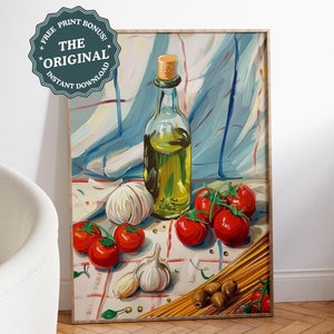 Italian Food Print Oil Painting: Tomatoes Olive Oil And Garlic Kitchen Wall Art, Food Illustration Poster, Colorful Italy Food Print Trendy