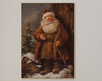 Vintage Santa Print PRINTABLE Christmas Wall Art, Santa Portrait Digital Art Print, Landscape Painting Christmas Decor, Christmas Gallery