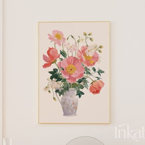 Poppy Wall Art Digital Print, Poppy Flower Print Printable Wall Art, Poppy Print Flowers in Vintage Vase, Poppies Bouquet Instant Download