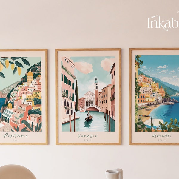 Italy Prints Set of 3 PRINTABLE Wall Art | Positano Amalfi and Venice Italy Prints, Travel Gallery Wall Art Digital Prints INSTANT DOWNLOAD