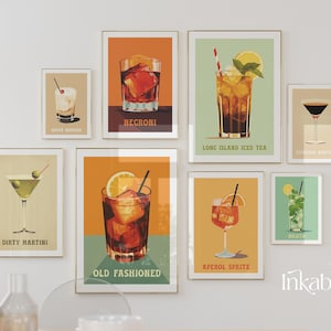Zestaw wydruków Retro Cocktails 8 DO DRUKU Sztuka ścienna Wydruki do wózka barowego Dekoracja, Zestaw wydruków koktajlowych Kolorowa sztuka ścienna NATYCHMIASTOWE POBIERANIE, Modne wydruki