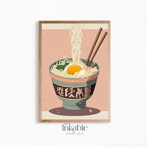 Vintage Japanese Ramen Print Illustration PRINTABLE Wall Art, Muted Pastel Neutral Ramen Wall Art, Retro Ramen Poster Wall Art Ukiyo-e
