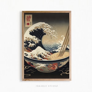 Ukiyo-e Ramen Bowl Printable Art Print: Great Wave off Kanagawa Japanese Wall Art, Ramen Noodles Wave Katsushika Hokusai Style by INKABLE