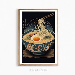Japanese Ramen Bowl Ukiyo-e Printable Wall Art Print, Vintage Japanese Ramen Food Illustration, Asian Food Noodles Kitchen Wall Art Print