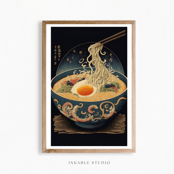 Japanische Ramen Schüssel Ukiyo-e Druckbare Wand Kunst Druck, Vintage Japanische Ramen Essen Illustration, Asiatische Essen Nudeln Küche Wand Kunst Druck