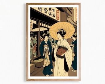 Geisha japonaise Ukiyo-E sur le marché de Tokyo Art mural imprimable, impression d’art asiatique vintage, impression numérique UKIYO-E, décor d’impression du salon Japon