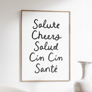 Cin Cin Print Trendy Czarno-biała sztuka ścienna do druku, Cheers Print, Digital Print Bar Cart Art, Kitchen Wall Art, Summer Italian Prints