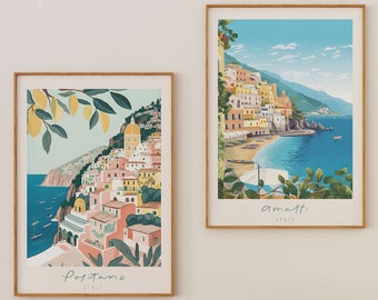 Amalfi Positano Print Printable Wall Art, 2 Italy Prints Set, Colorful Amalfi Coast Posters, Amalfi Italian Summer Prints Pastel Colors Art