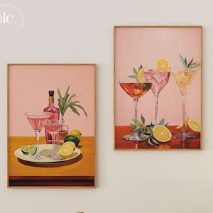 Różowy Retro Bar Cart Prints Zestaw 2 Koktajlowych Sztuka Ścienna, Oryginalny Estetyczny Kolorowy Bar Cart Print, Modna Sztuka Ścienna, Preppy Kitchen Wall Art