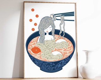 Japanese RAMEN PRINT Printable, Ramen Bowl Poster by Inkable, Ukiyo-e Japanese Food Art Print Illustration, Girl Ramen Noodles Wall Art - 30