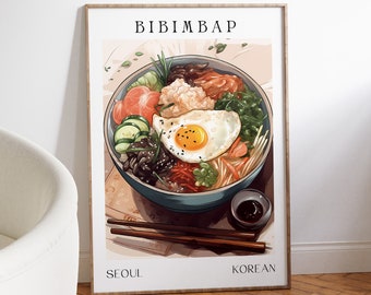 Bibimbap Bowl Art Print PRINTABLE Wall Art, Bibimbap Print Korean Food Wall Art, Colorful Pastel Colors Kitchen Poster Wall Art by INKABLE