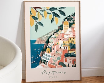 Positano Italia imprimir arte de pared imprimible, colorido cartel italiano de la costa de Amalfi, viajes Vintage Positano colores pastel impresión de arte imprimible
