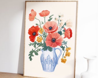 Poppy Flower Print Printable Wall Art, Red Poppy Art Print Colorful Flowers in Vintage Blue Vase, Poppies Bouquet Painting INSTANT DOWNLOAD