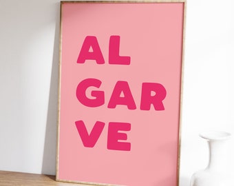 ALGARVE Portugal Print Preppy Pink Art Print, Typography Poster Instant Download Art, Trendy Colorful Algarve Wall Decor, Portugal Wall Art