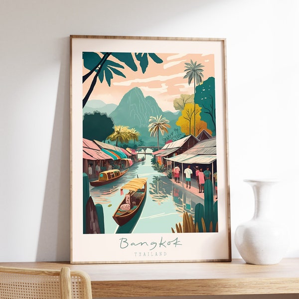 Bangkok Thailand Travel Print Printable Wall Art, Bangkok Poster, Vintage Thailand Pastel Colors Art Print Printable, INKABLE STUDIO Prints