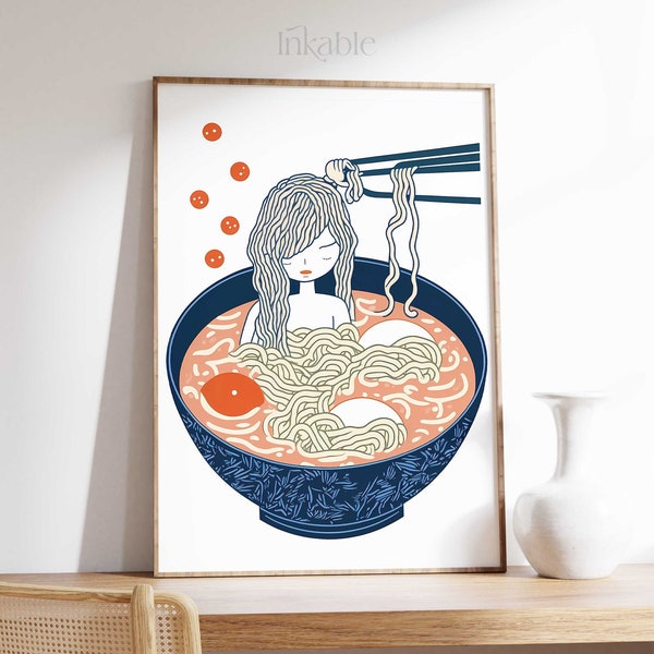 Japanese RAMEN PRINT Printable, Ramen Bowl Poster by Inkable, Ukiyo-e Japanese Food Art Print Illustration, Girl Ramen Noodles Wall Art - 30