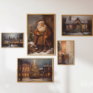 Stampe natalizie vintage Set di 5 Gallery Wall Art STAMPABILE, Decorazione di poster natalizi invernali, Pittura di paesaggi natalizi - Stampe digitali