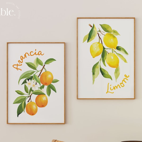 Stampe da cucina Italia Set di 2: Stampe d'arte da parete con limoni e arance, Stampe digitali stampabili di limone e arancia ad acquerello Download istantaneo