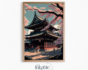 Japanese Ukiyo-e Print: Temple with Cherry Blossom Printable Wall Art Print, Japan Illustration Printable Art Digital Download by INKABLE