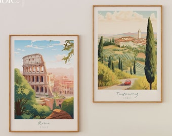 Italians Prints Set: Rome and Tuscany Printable Wall Art, 2 Italy Prints Set, Colorful Rome Poster, Unique Tuscany Print, INSTANT DOWNLOAD