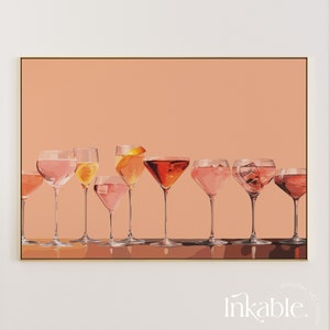 Pink Bar Cart Art Print Horizontal, PRINTABLE TRENDY Cocktails Print, Bar Cart Decor, Colorful Preppy Drinks Print, Retro Cocktail Print