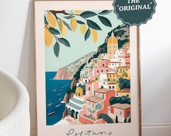 Positano Italy Print Printable Wall Art, Colorful Italian Amalfi Coast Poster, Travel Vintage Positano Pastel Colors Art Print Printable