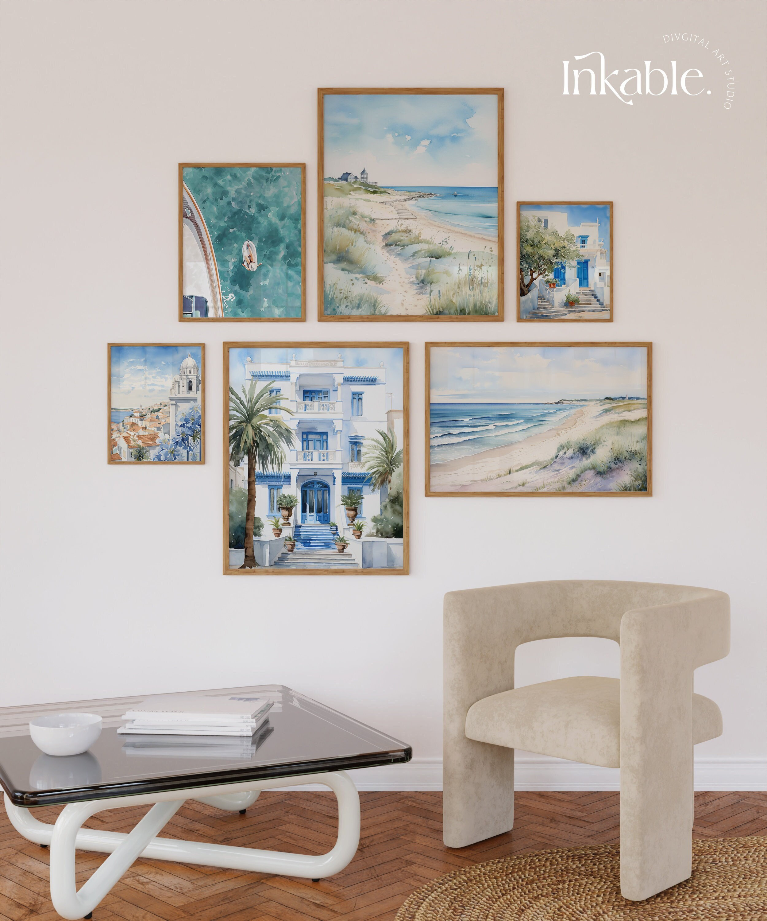 Coastal Wall Art Set of 6 Prints, Watercolor Light Blue Prints Set, Beach Prints, Ocean Prints, Summer Gallery Wall, Trendy Coastal Prints