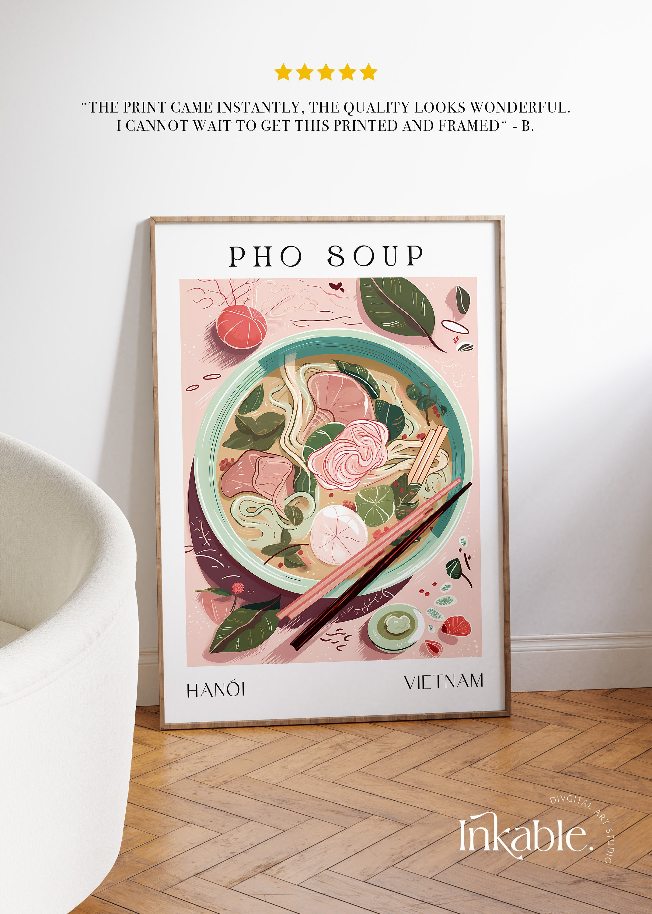 Impression d'art mural imprimable de soupe pho, affiche vietnamienne d'impression numérique, impression d'art de nourriture du Vietnam téléchargement immédiat, art mural de cuisine