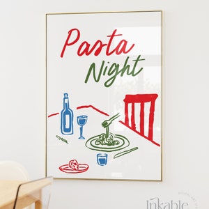 CARTEL DE LA NOCHE DE PASTA - Colorido arte de pared imprimible de espaguetis de comida italiana - Decoración de arte de la pared de la cocina - Impresión de pasta - Impresión de comida de Italia de moda
