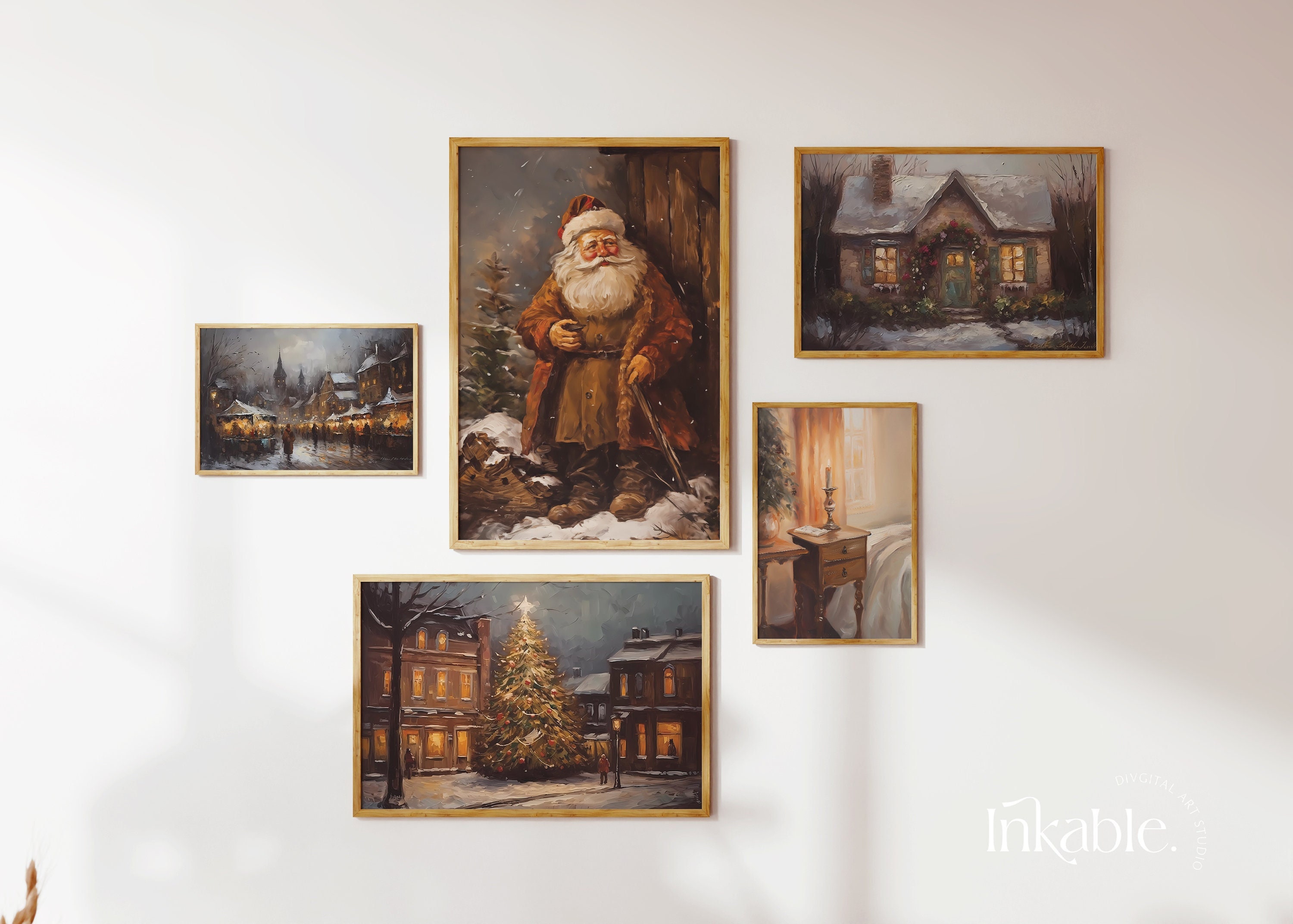 Vintage Christmas Prints Set of 5 Gallery Wall Art PRINTABLE, Winter ...