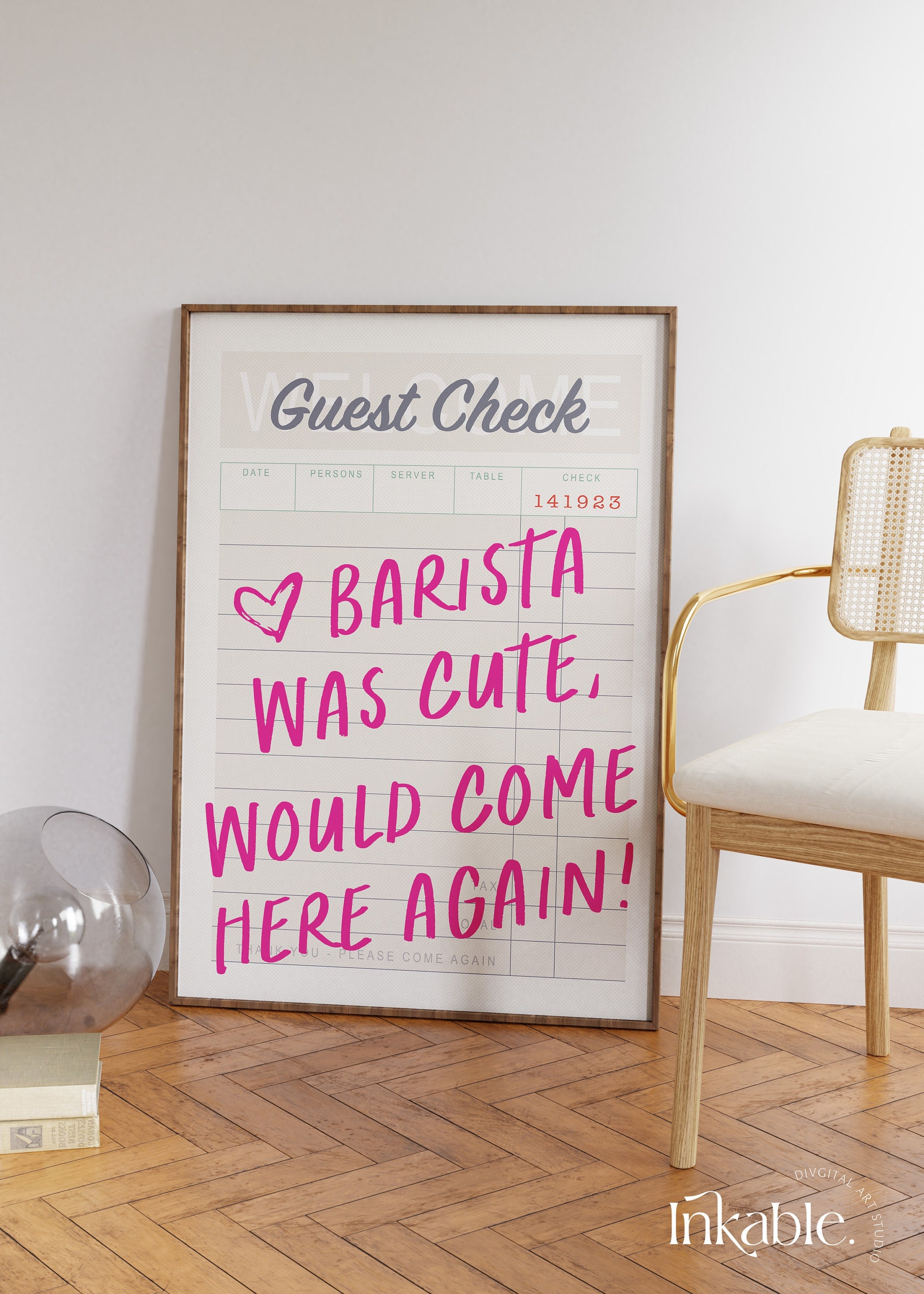 Coffee Wall Art Print Guest Check Coffee Retro Quote: Barista Was Cute Would Come Here Again PRINTABLE Wall Art, TRENDY Preppy Aesthetic Art