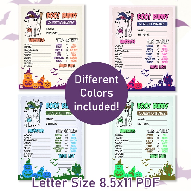 Boo Buddy Basket Questionnaire Printable, Halloween Gift Exchange Questions for Office Coworkers