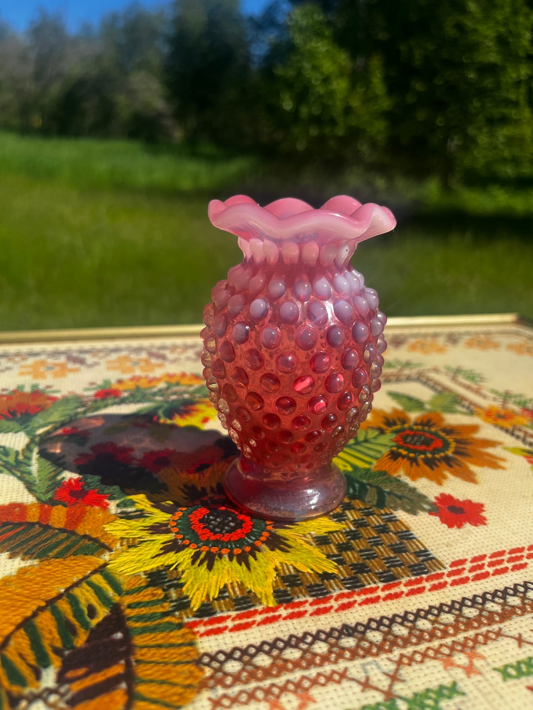 Vintage Fenton Glass Cranberry Pink Opalescent Hobnail Ruffled Edge 3 ...