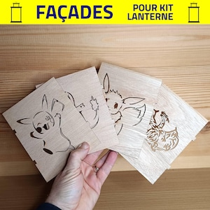 Façade amovible et évolutive personnalisable pour lanterne en bois, décoration Thème Pokémon Pikachu Evoli Salaméche