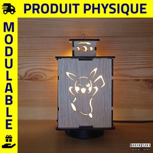 Lanterne bois à façades amovibles et évolutive personnalisable, H:26cm, Option Lampe de chevet, déco Thème Pokémon Pikachu Evoli Salaméche