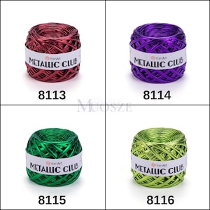 May include: Four spools of metallic yarn in red, purple, green, and lime green. Each spool has a white label with the text "YarnArt METALLIC CLUB" and a product code: 8113, 8114, 8115, and 8116.