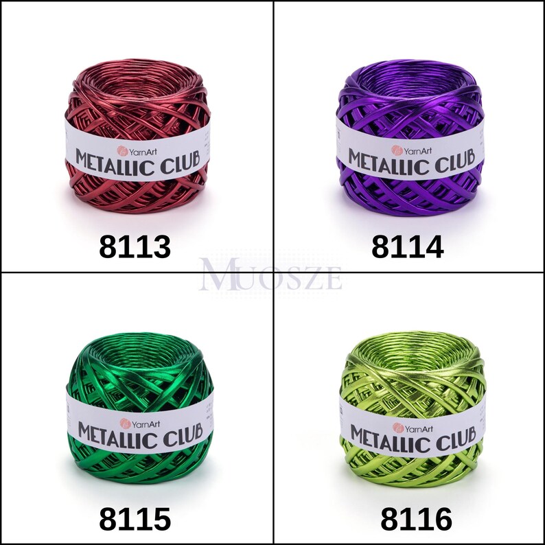 May include: Four spools of metallic yarn in red, purple, green, and lime green. Each spool has a white label with the text "YarnArt METALLIC CLUB" and a product code: 8113, 8114, 8115, and 8116.