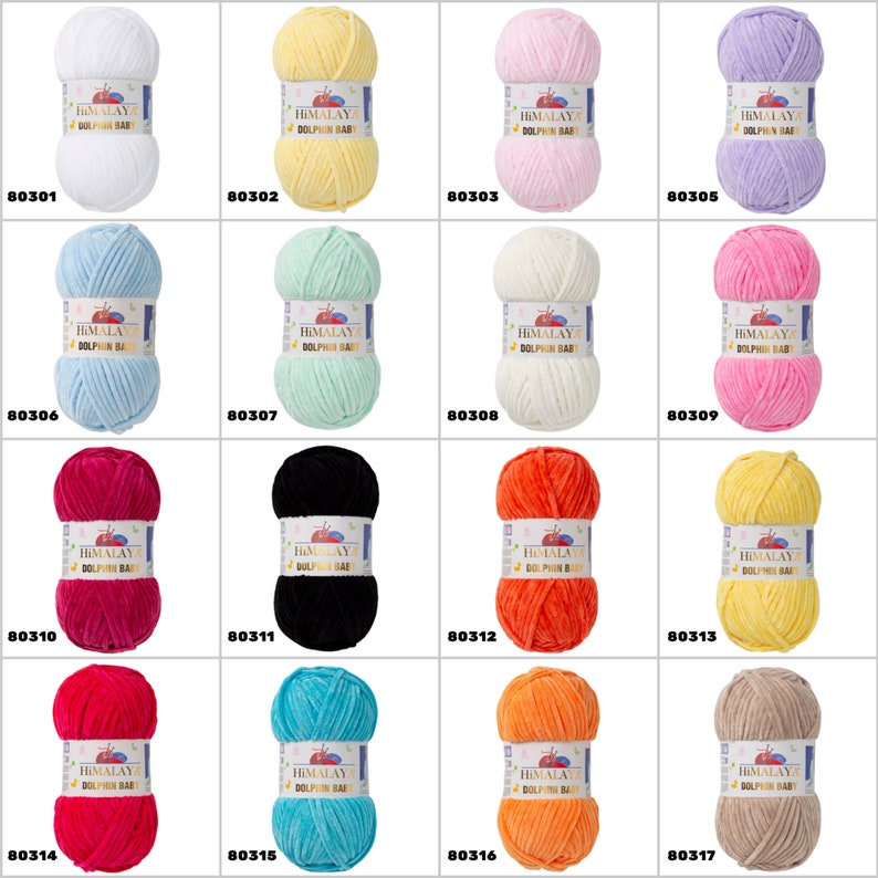 May include: Assortment of 18 balls of Himalaya Dolphin Baby yarn in various colours, including white, yellow, pink, lavender, light blue, mint green, red, black, orange, and beige. Each ball has a label with the brand name "Himalaya" and the yarn name "Dolphin Baby".