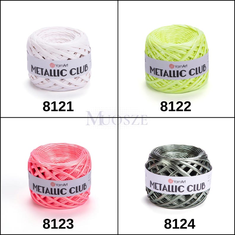 May include: Four skeins of yarn in different colors: white, yellow, pink, and gray. Each skein has a label that reads "YarnArt METALLIC CLUB". The skeins are numbered 8121, 8122, 8123, and 8124.