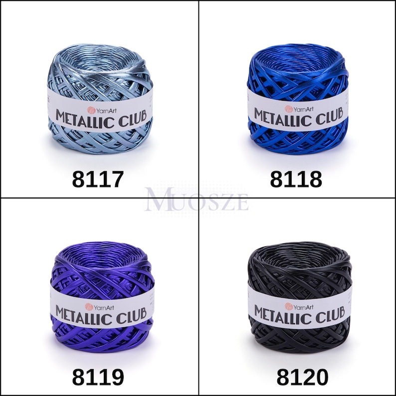 May include: Four spools of metallic yarn in different colors: light blue, blue, purple, and black. Each spool has a white label with the text "YarnArt METALLIC CLUB" and a number: 8117, 8118, 8119, and 8120.