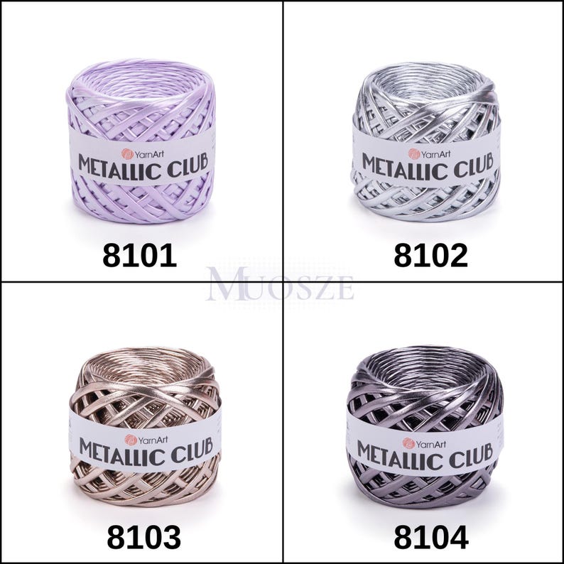 May include: Four spools of metallic yarn in different colors: lavender, silver, gold, and gray. Each spool has a label that reads "YarnArt Metallic Club".