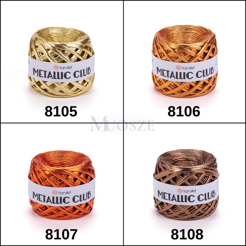 May include: Four spools of metallic yarn in gold, copper, orange, and brown. Each spool has the text "YarnArt Metallic Club" printed on a white label.