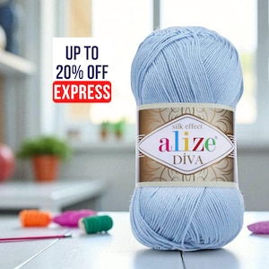 May include: A light blue Alize Diva silk effect yarn ball. The label reads "Alize Diva" and "silk effect". The image also includes the text "UP TO 20% OFF EXPRESS".