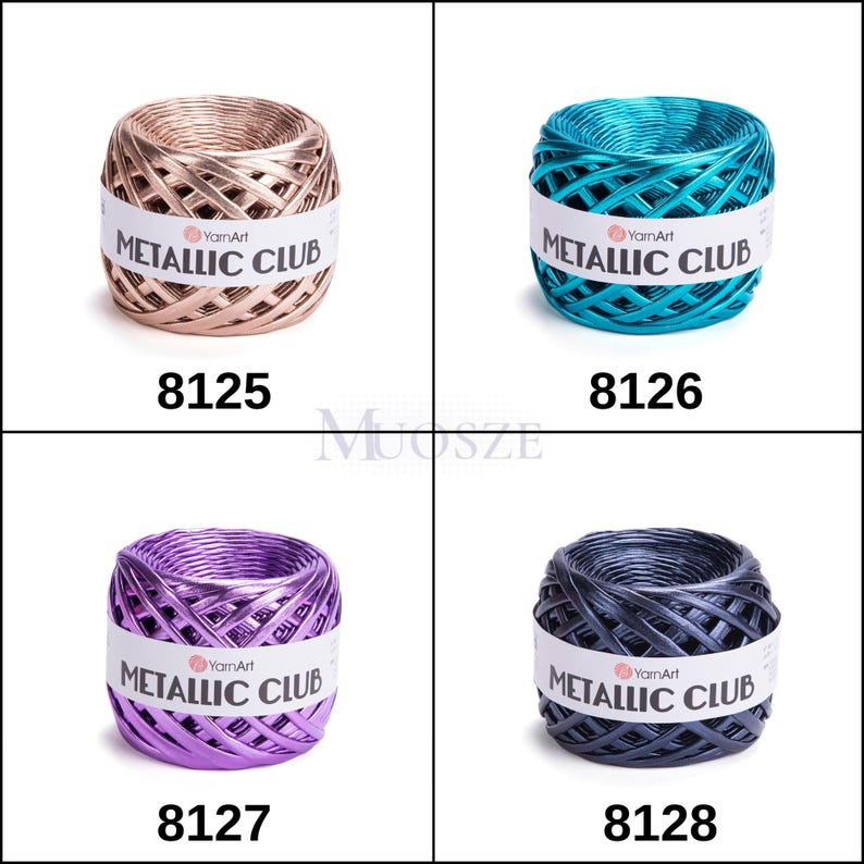May include: Four spools of metallic yarn in different colors: gold, teal, purple, and gray. Each spool has a label that reads "YarnArt Metallic Club".