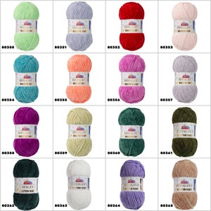 May include: A collection of 12 skeins of Himalaya Dolphin Baby yarn in various colours, including green, blue, purple, pink, red, orange, white, and beige. Each skein has a label with the brand name and yarn weight.