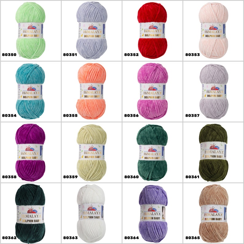 May include: A collection of 12 skeins of Himalaya Dolphin Baby yarn in various colours, including green, blue, purple, pink, red, orange, white, and beige. Each skein has a label with the brand name and yarn weight.