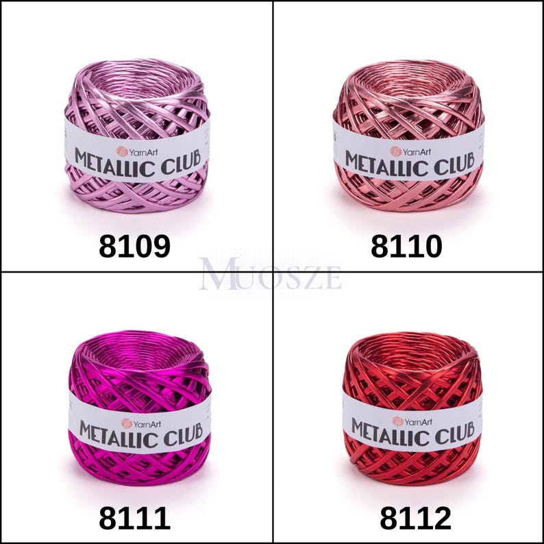 May include: Four spools of metallic yarn in different colors: pink, rose gold, magenta, and red. Each spool has a white label with the text "YarnArt METALLIC CLUB" and a number: 8109, 8110, 8111, and 8112.